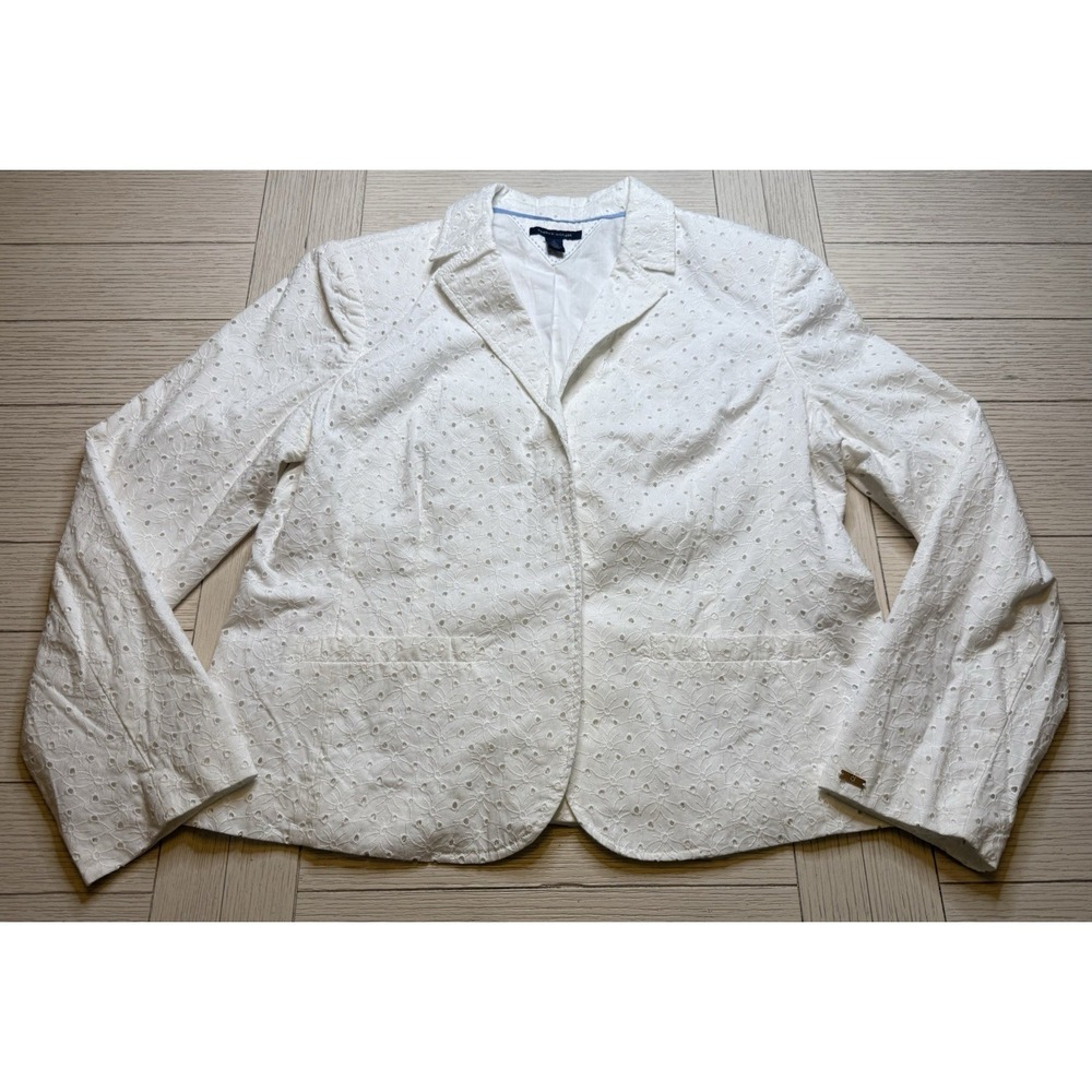 Tommy Hilfiger Women White Eyelet 100% Cotton Blazer Hidden Snap Close Lined XL
